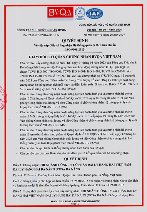 ĐẠI LÝ HÀNG HẢI ĐÀ NẴNG (VOSA DANANG)